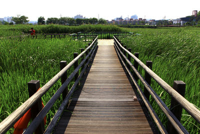 Footbridge over grassy field