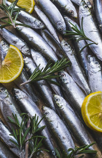 High angle view of fishes and lemon slices with rosemary on table