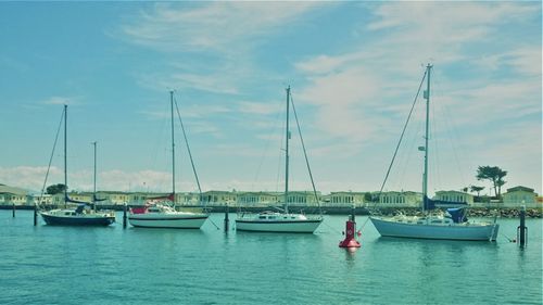 Sailboats moored on sea against sky