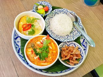 High angle view of meal served on table