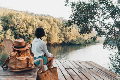 Rear view of people looking at lake against trees