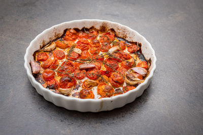 High angle view of pizza on table