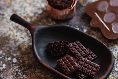 High angle view of chocolate cake on table