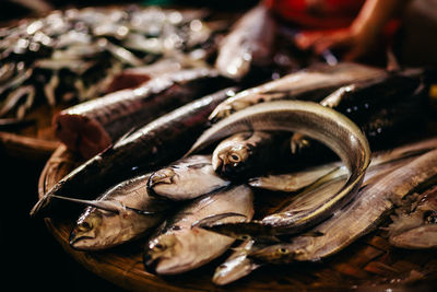 High angle view of fishes in market for sale