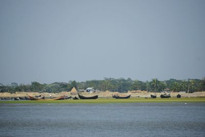 Sailboats moored in lake against clear sky