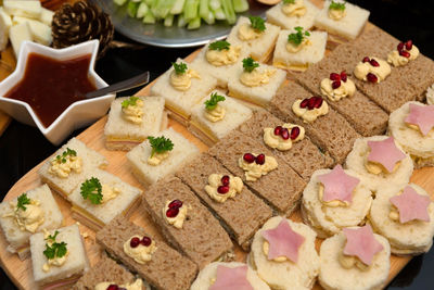 High angle view of cookies in plate on table