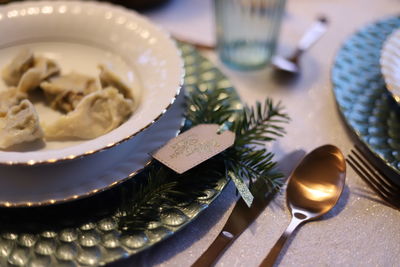 High angle view of ice cream in plate on table