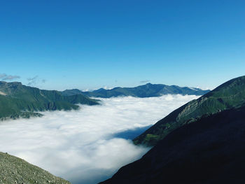 Scenic view of snowcapped mountains against clear blue sky