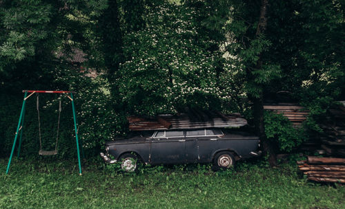 Abandoned truck on field