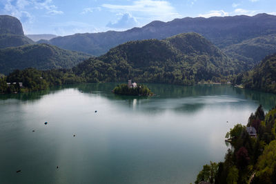 Scenic view of lake and mountains against sky