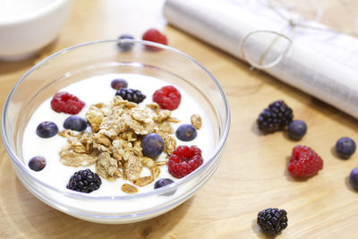 High angle view of breakfast served on table