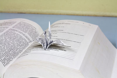 Close-up of paper swan on open book