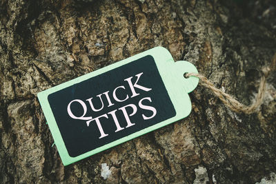 Close-up of text on tree trunk