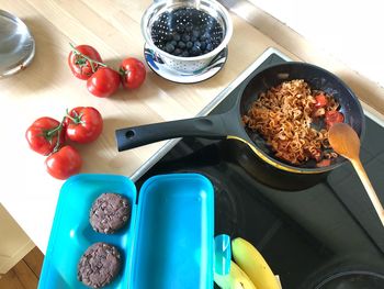 High angle view of breakfast on table