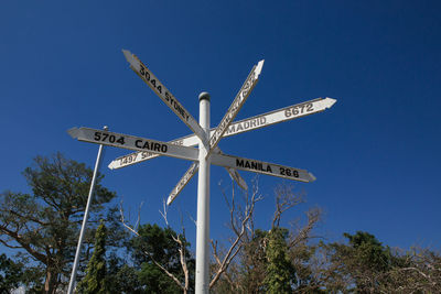 Low angle view of information sign against clear blue sky