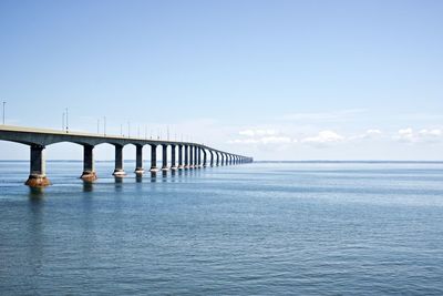 Bridge over sea against blue sky