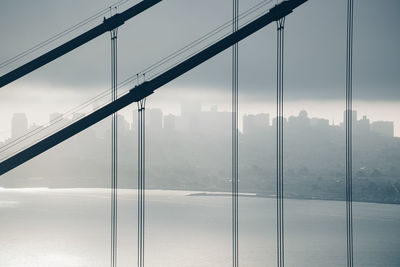 View of suspension bridge in foggy weather