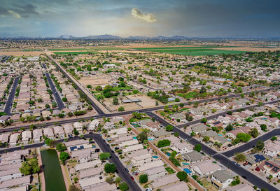 High angle view of field against sky