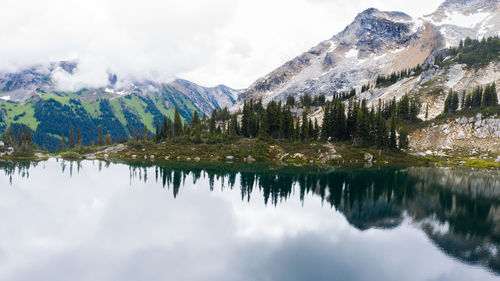 Reflection in still mountain lake from aerial perspective