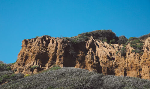 Scenic view of rock formations against clear blue sky