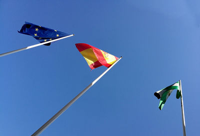 Low angle view of flags against clear blue sky