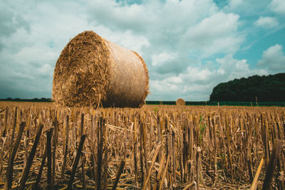 Hay bales on field against sky