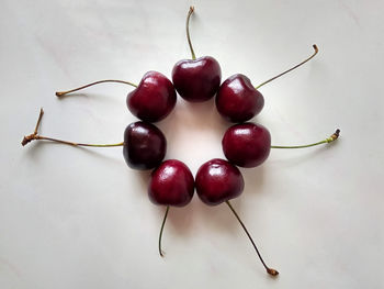 High angle view of cherries against white background