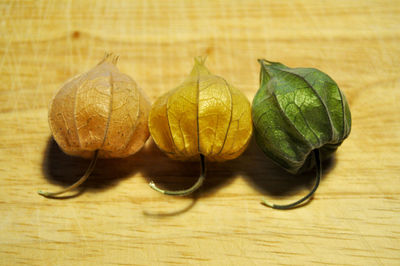 Close-up of leaves on wooden table