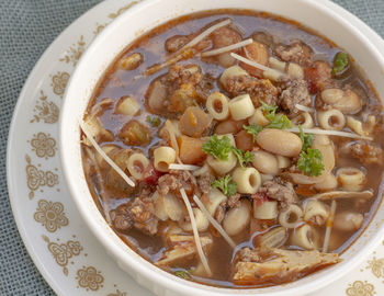 High angle view of soup in bowl on table