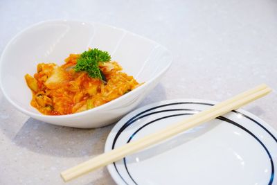 High angle view of food in plate on table