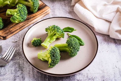 Fresh broccoli and spinach leaves on a plate on the table. healthy food, green food.