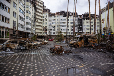 Cars burned down on the street. irpin, bucha, gostomel.