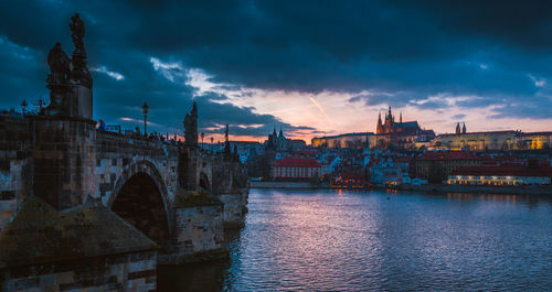 View of city at waterfront against cloudy sky