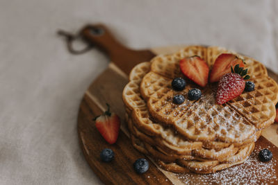 High angle view of waffles with fruits