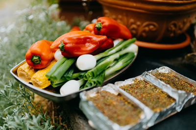 Close-up of salad served in plate on table