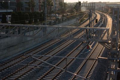 High angle view of railroad tracks in city