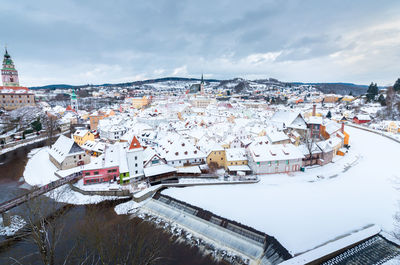 High angle view of townscape against sky during winter