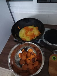 High angle view of breakfast on table