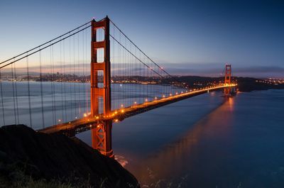 Golden gate bridge over pacific ocean at dusk
