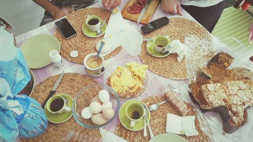 High angle view of breakfast on table