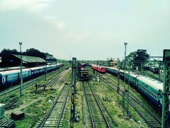 High angle view of train against sky