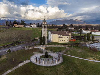 High angle view of buildings against sky