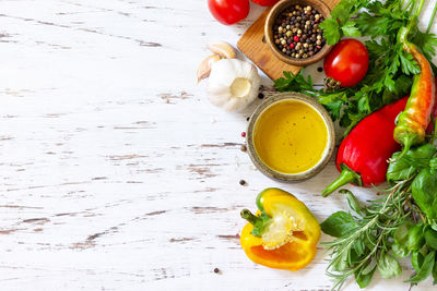 High angle view of fruits and vegetables on table