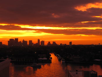 River amidst buildings against sky during sunset