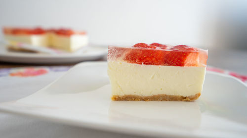 Close-up of cake served in plate on table