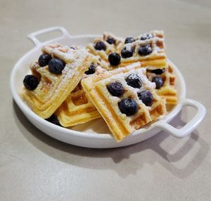 High angle view of dessert in plate on table