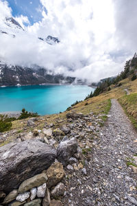 Scenic view of lake against cloudy sky