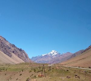 Scenic view of mountains against clear blue sky