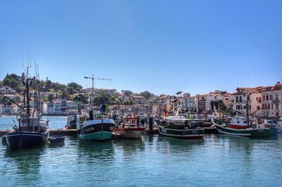 Boats moored at harbor against clear sky