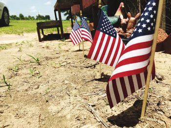 Flags on chair in field